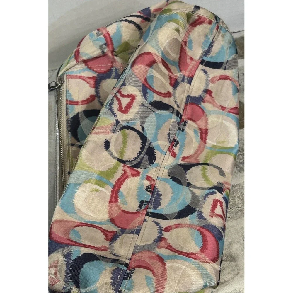 Coach Poppy Ikat Signature C Glam Shoulder Tote Bag Watercolor Print Silver Trim